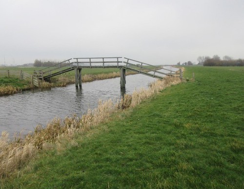 In de Sammerpolder gaat het pad over een grasdijk, bruggetjes en overstapjes.