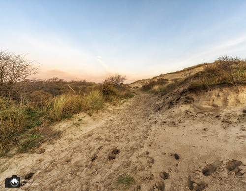 laura op de rug gezien met open armen in een duinpan