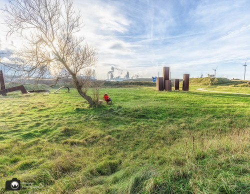 laura op de rug gezien met open armen in een duinpan