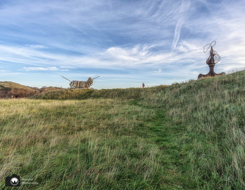 laura op de rug gezien met open armen in een duinpan