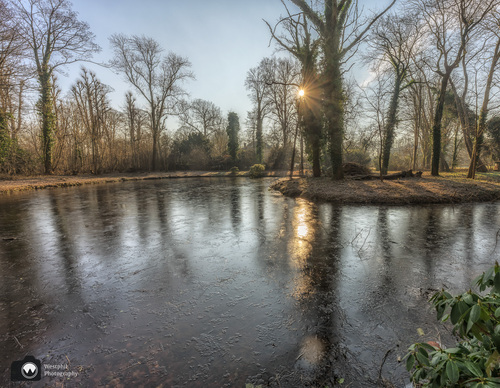 Bevroren vijver met zon