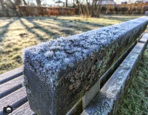 Ijsbloemen op houten bankje